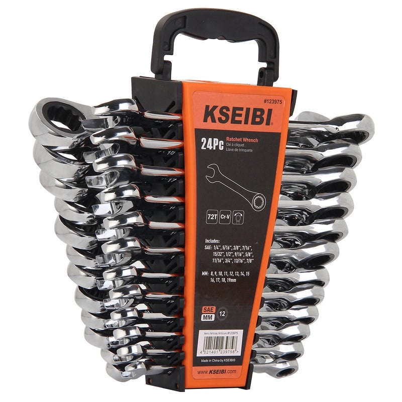 KSEIBI 123975 Ratcheting Wrench Set 24 Piece - Chrome Vanadium Steel Ratchet Combination Spanners Kit with Storage Keeper Rack SAE 1/7-7/8inch & Metric 8-19mm - Image 1